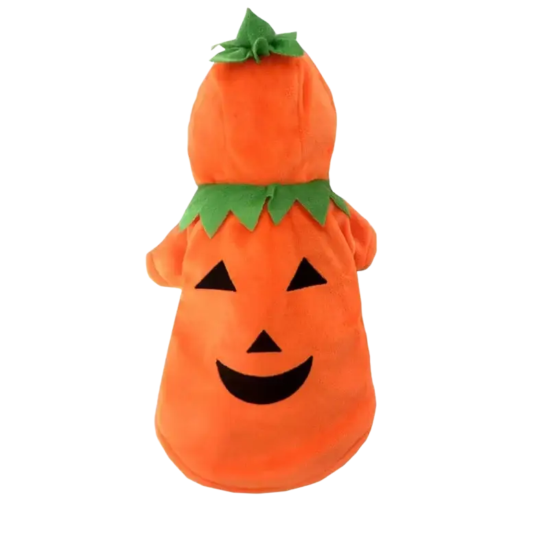 Orange plush pumpkin dog costume with green fabric stem leaf trim and smiling jack-o-lantern face fleece pet apparel