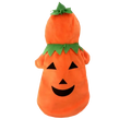 Orange plush pumpkin dog costume with green fabric stem leaf trim and smiling jack-o-lantern face fleece pet apparel