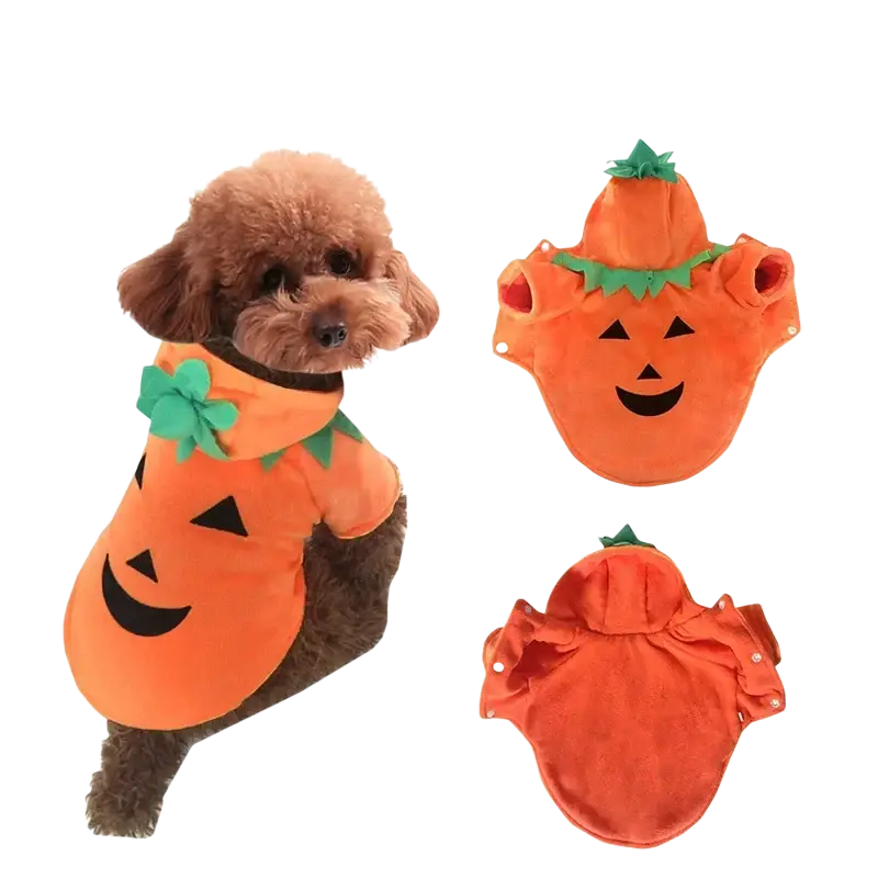 Orange plush pumpkin dog costume with black embroidered face and green fabric stem made of fleece pet apparel
