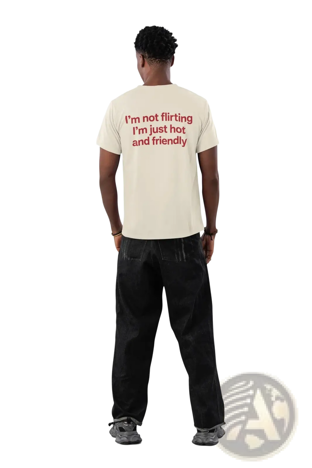 Cream-colored cotton funny quote t-shirt with short sleeves showing red text on the back