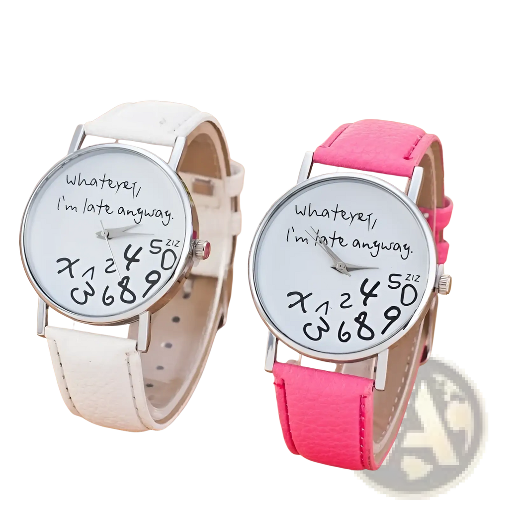 A pair of funny quote leather strap women watches with white faces and pink and white leather bands in silver cases