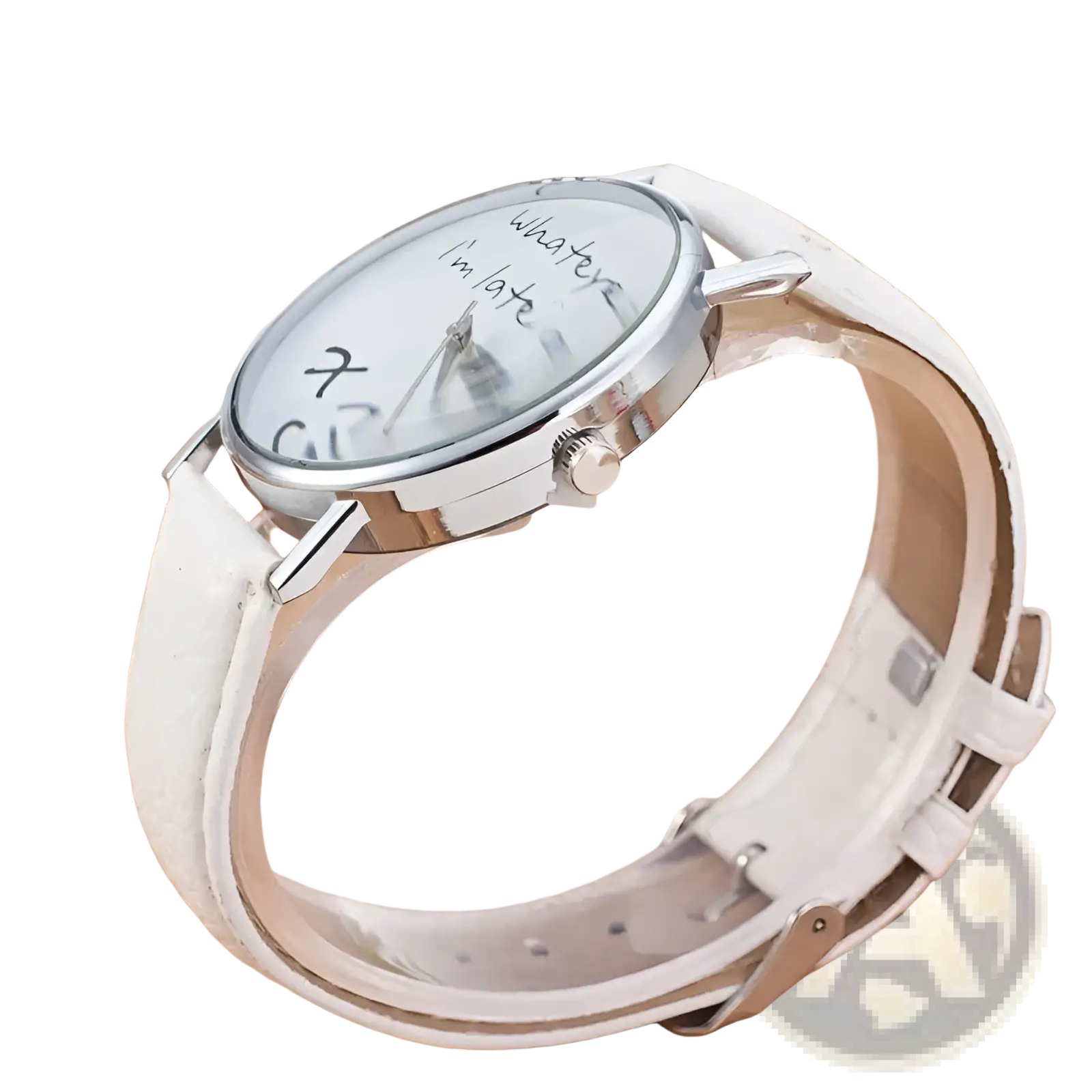 Funny quote leather strap women watch with white leather band silver toned case and dial with handwritten black phrase