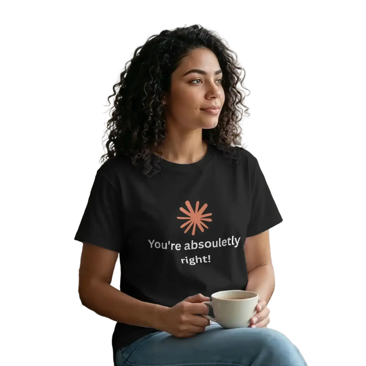 Black cotton t-shirt for men with a peach starburst graphic and white funny quote text youre absolutely right