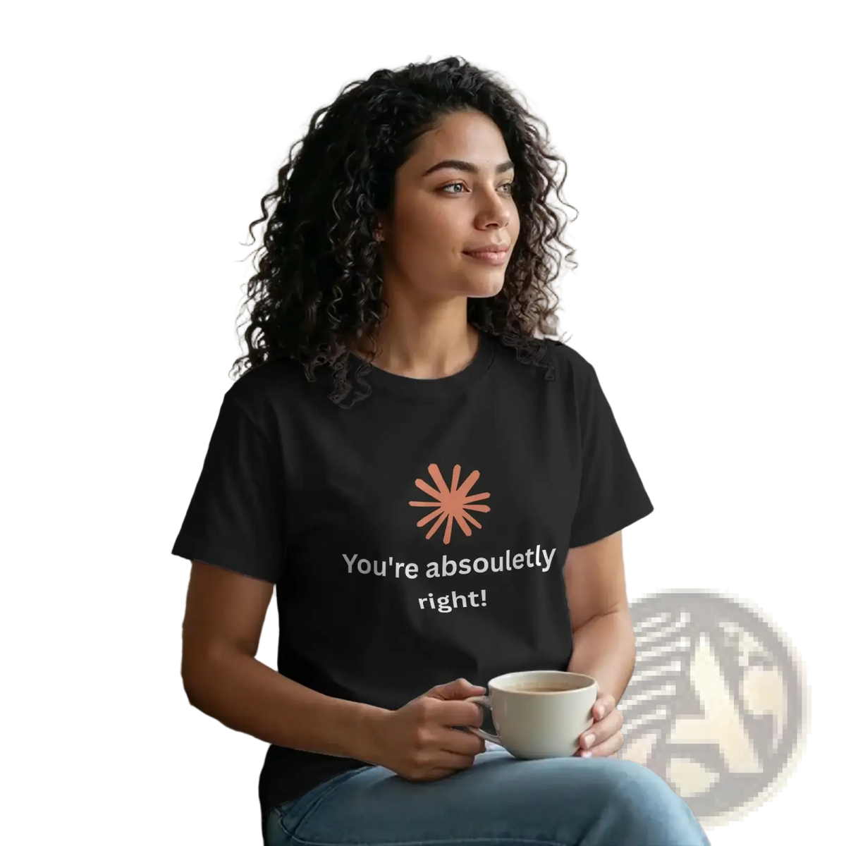 Black cotton men’s t-shirt with peach starburst graphic and white text you’re absolutely right funny quote design