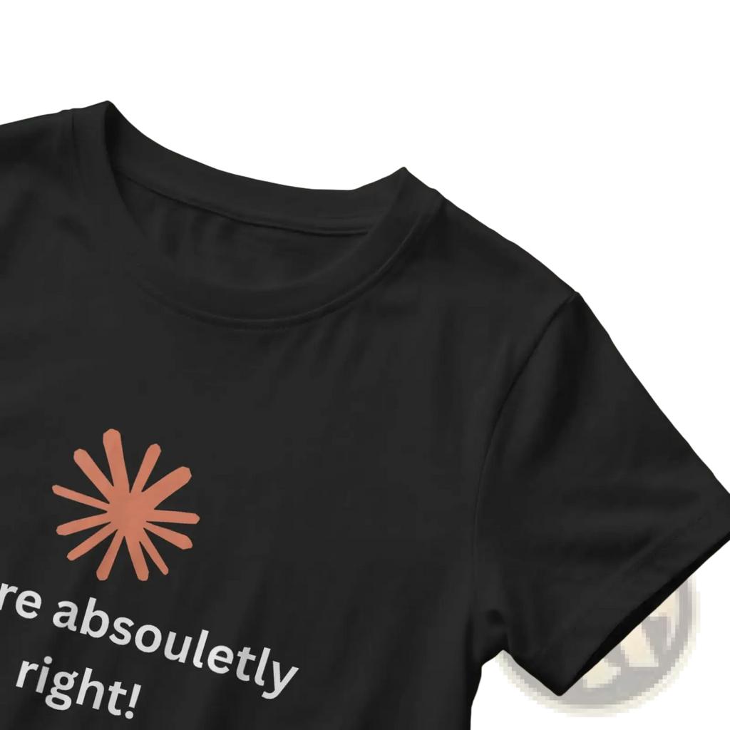 Black cotton men’s t-shirt with peach starburst graphic and white text are absolutely right funny quote design