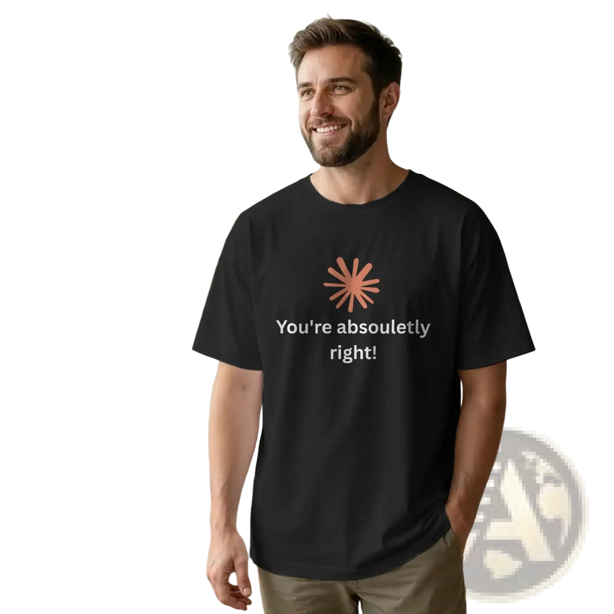Black cotton men’s t-shirt with peach starburst graphic and white text reading you’re absolutely right for casual wear