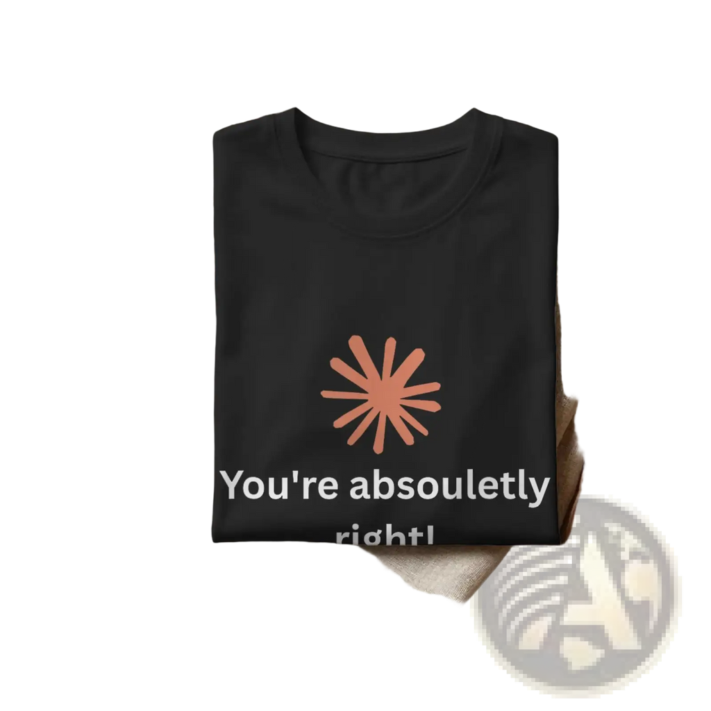 Black cotton men’s t-shirt with peach starburst graphic and white youre absolutely right text funny quote design