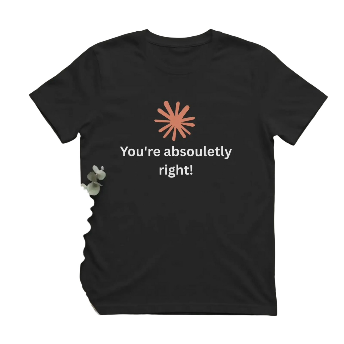 Black short-sleeved cotton t-shirt with peach starburst graphic and white youre absolutely right text for men