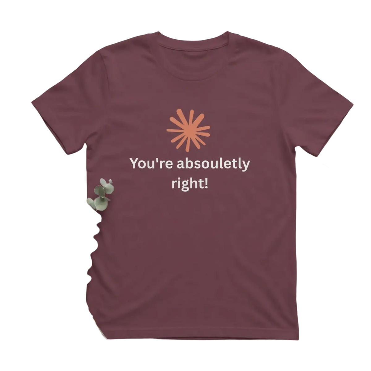 A maroon cotton t-shirt with short sleeves featuring a peach starburst graphic and funny quote you’re absolutely right