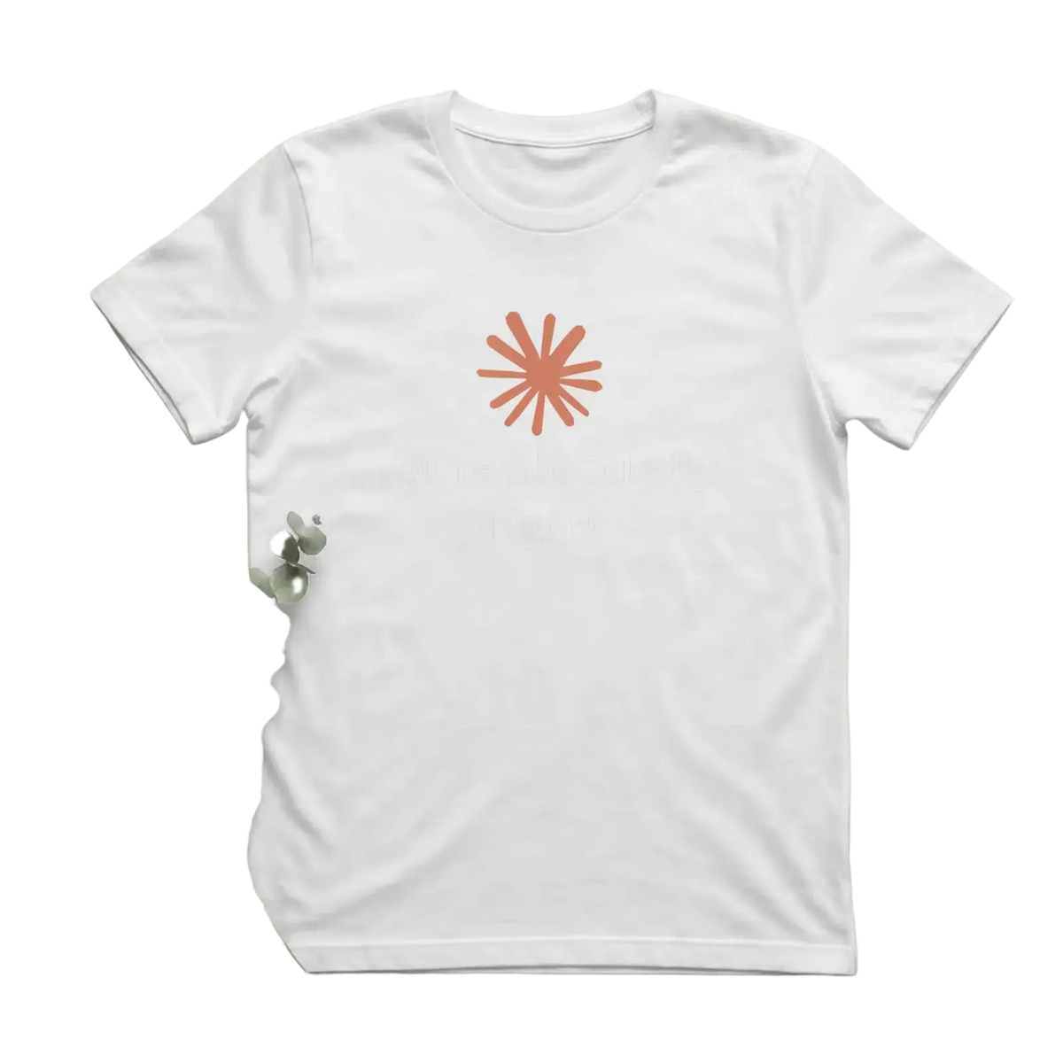 White cotton funny quote men’s t-shirt with a minimalist orange sunburst graphic on the chest