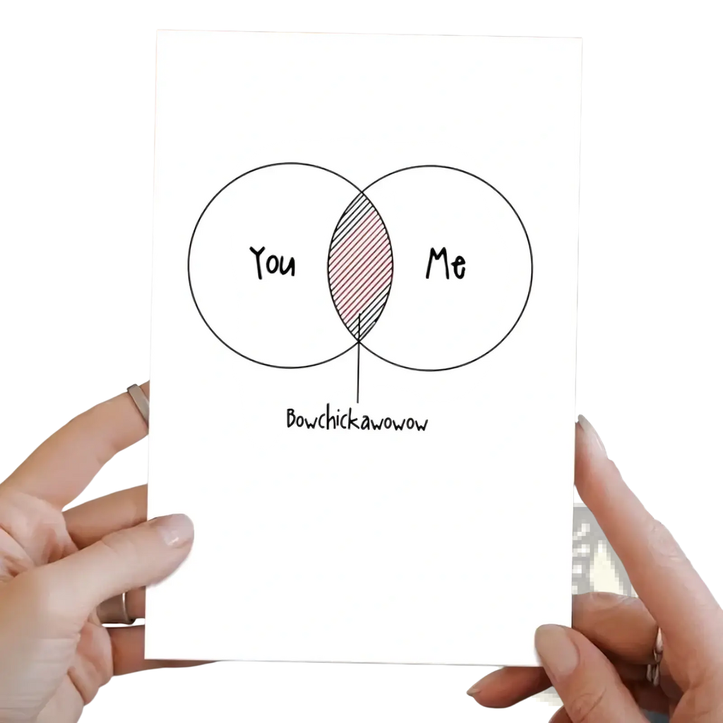 A white greeting card with a hand-drawn venn diagram and shaded pink area labeled bowchickawow for couples valentine