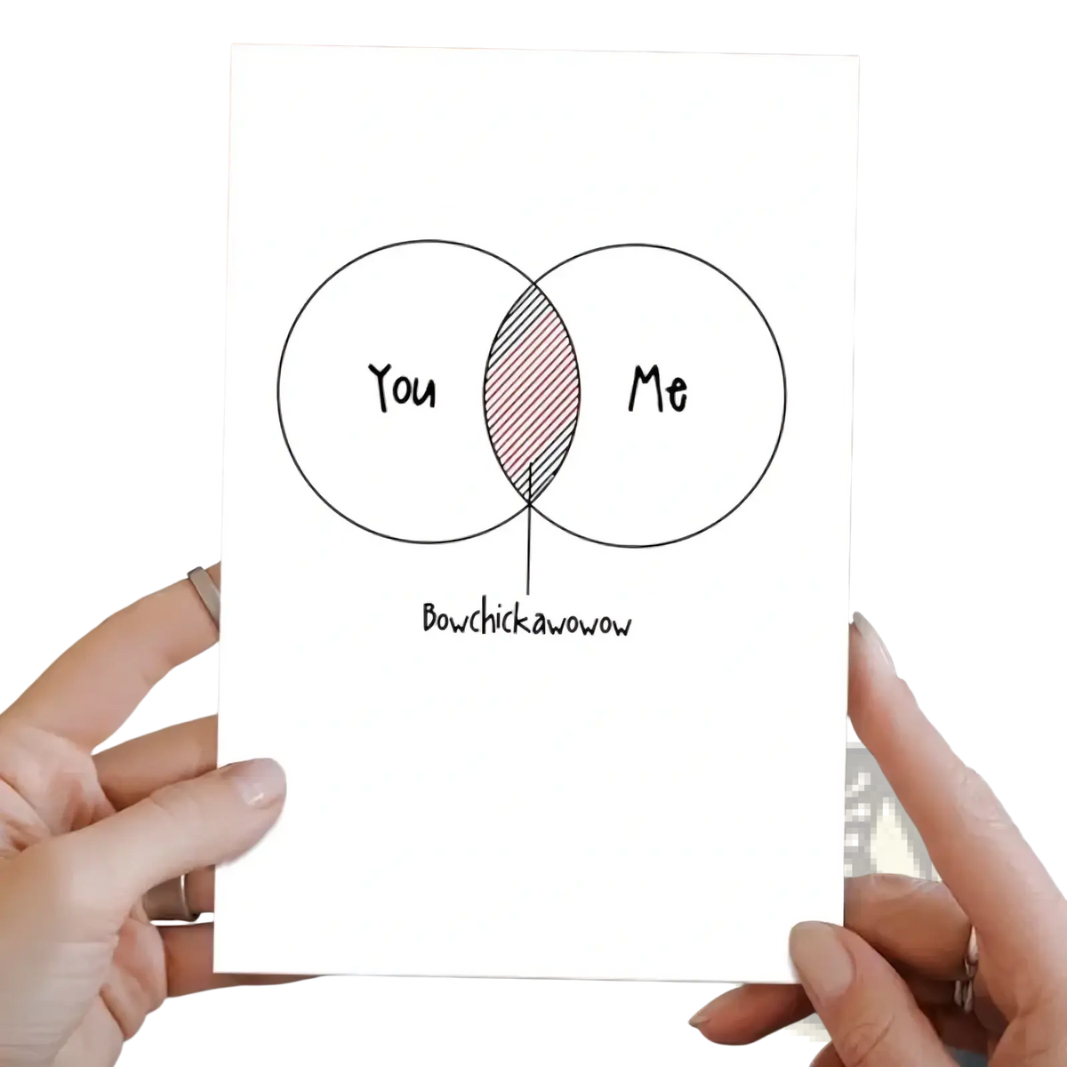 A white greeting card with a hand-drawn venn diagram and shaded pink area labeled bowchickawow for couples valentine