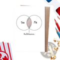 White greeting card with hand-drawn venn diagram labeled you me and overlapping bowchickawow for couples valentine