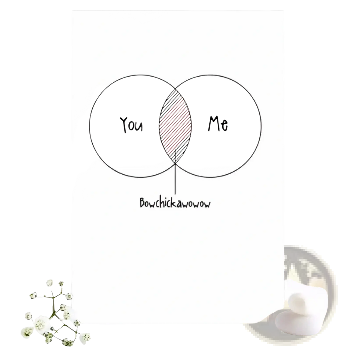 White funny venn diagram valentine card for couples featuring minimalist you and me circles with pink bowchickawow area