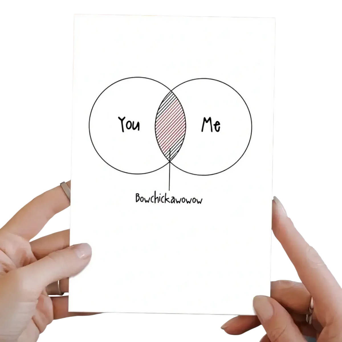 White valentine card featuring a hand-drawn venn diagram labeled bowchickawow for couples humor and love