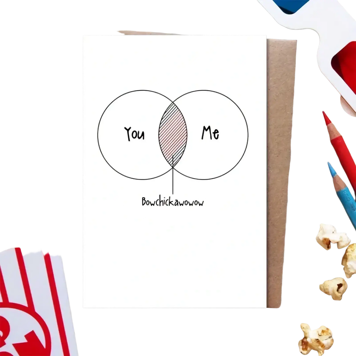 White valentine card featuring a minimalist venn diagram labeled bowchickawow for couples humor gift