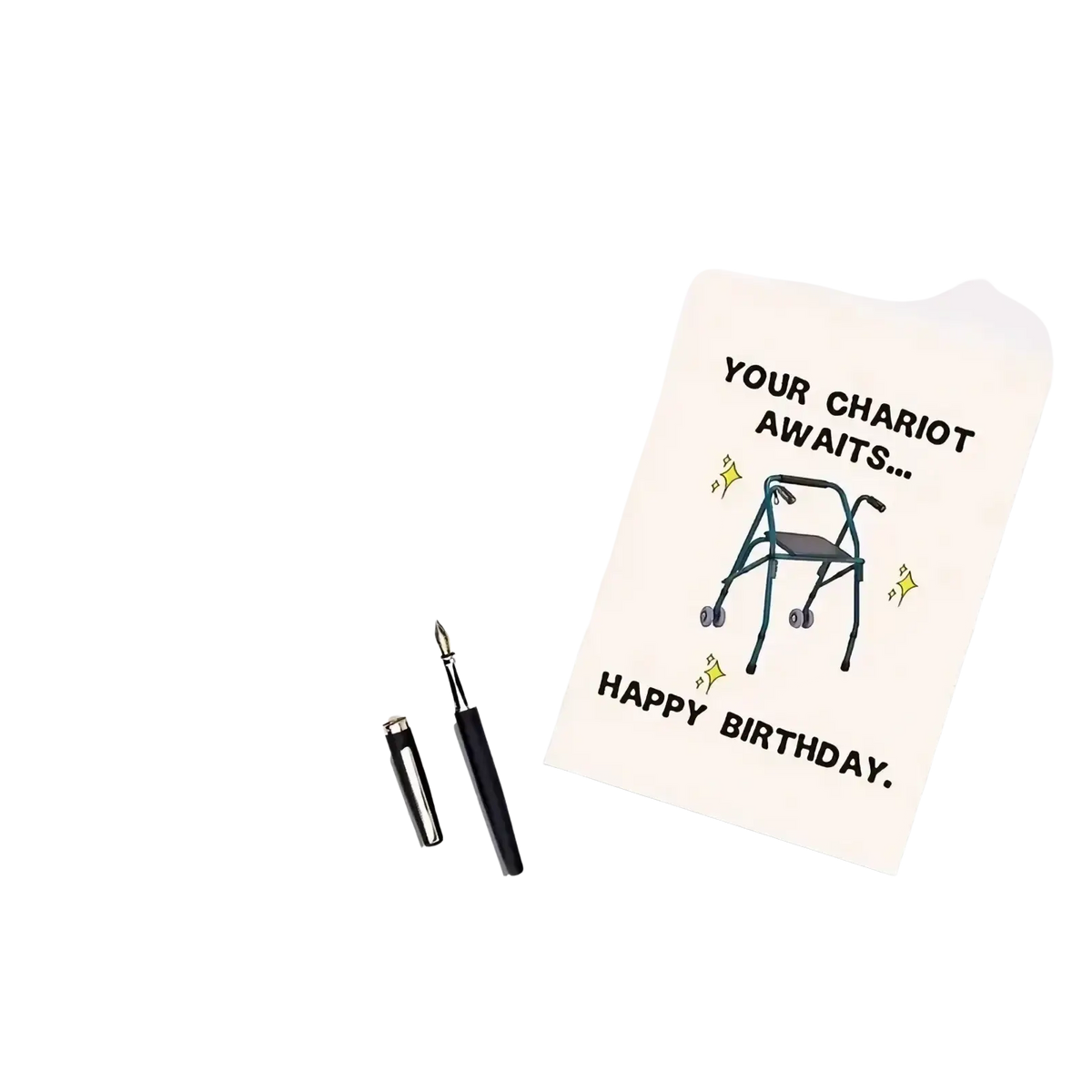 Cream-colored funny walker birthday card for grandparents featuring a cartoon walker and text your chariot awaits