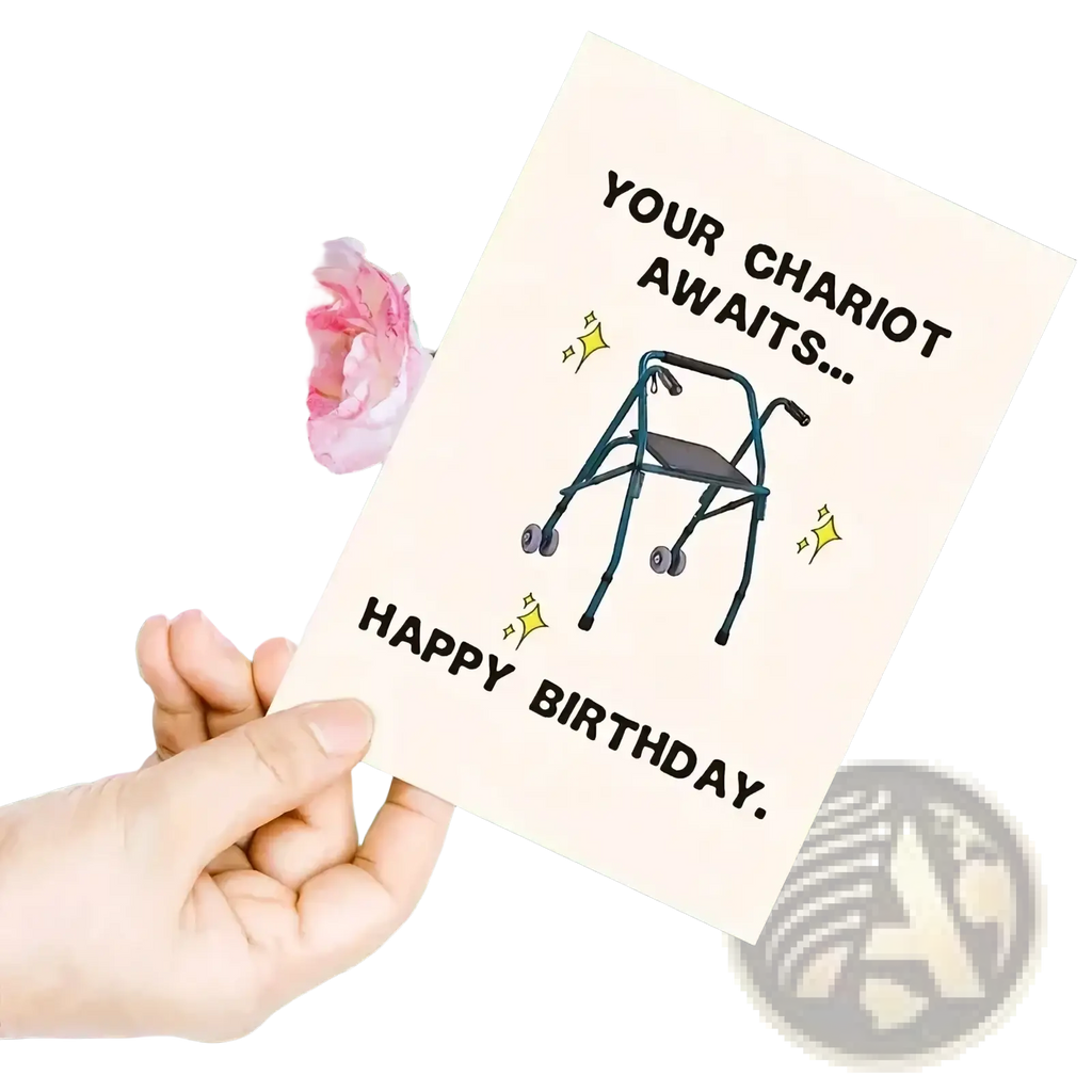 A cream-colored funny walker birthday card for grandparents featuring a black illustrated walker and your chariot awaits text
