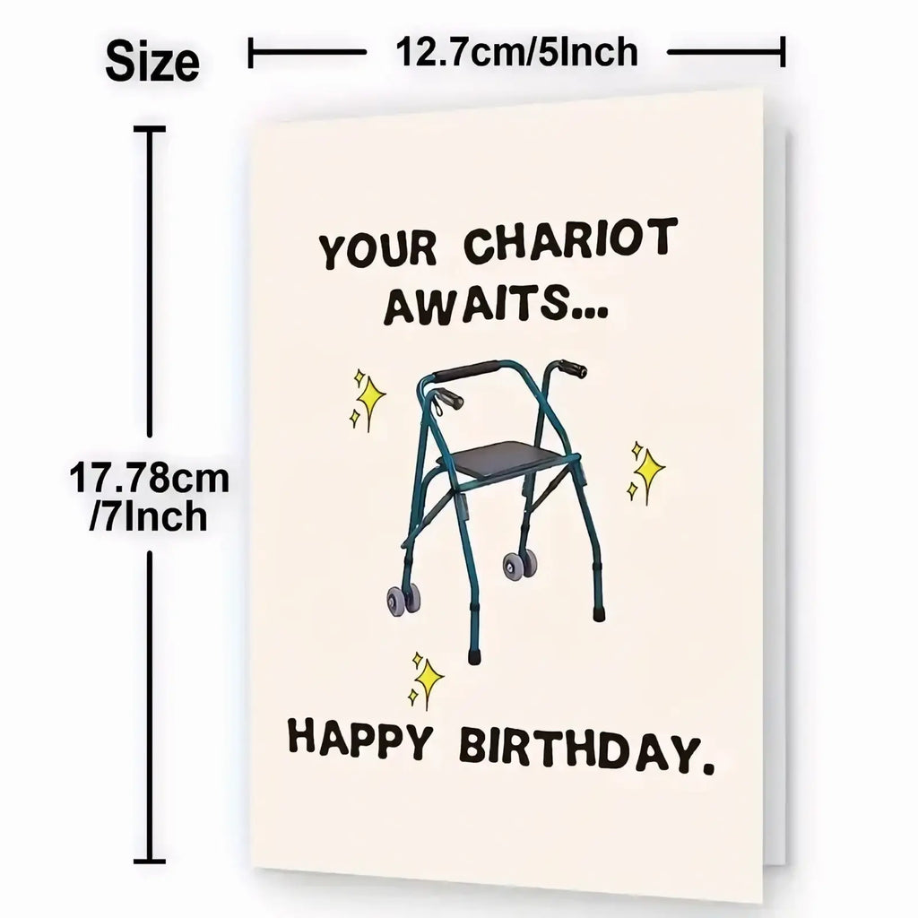 A cream-colored funny walker birthday card for grandparents with a teal walker cartoon and yellow sparkles