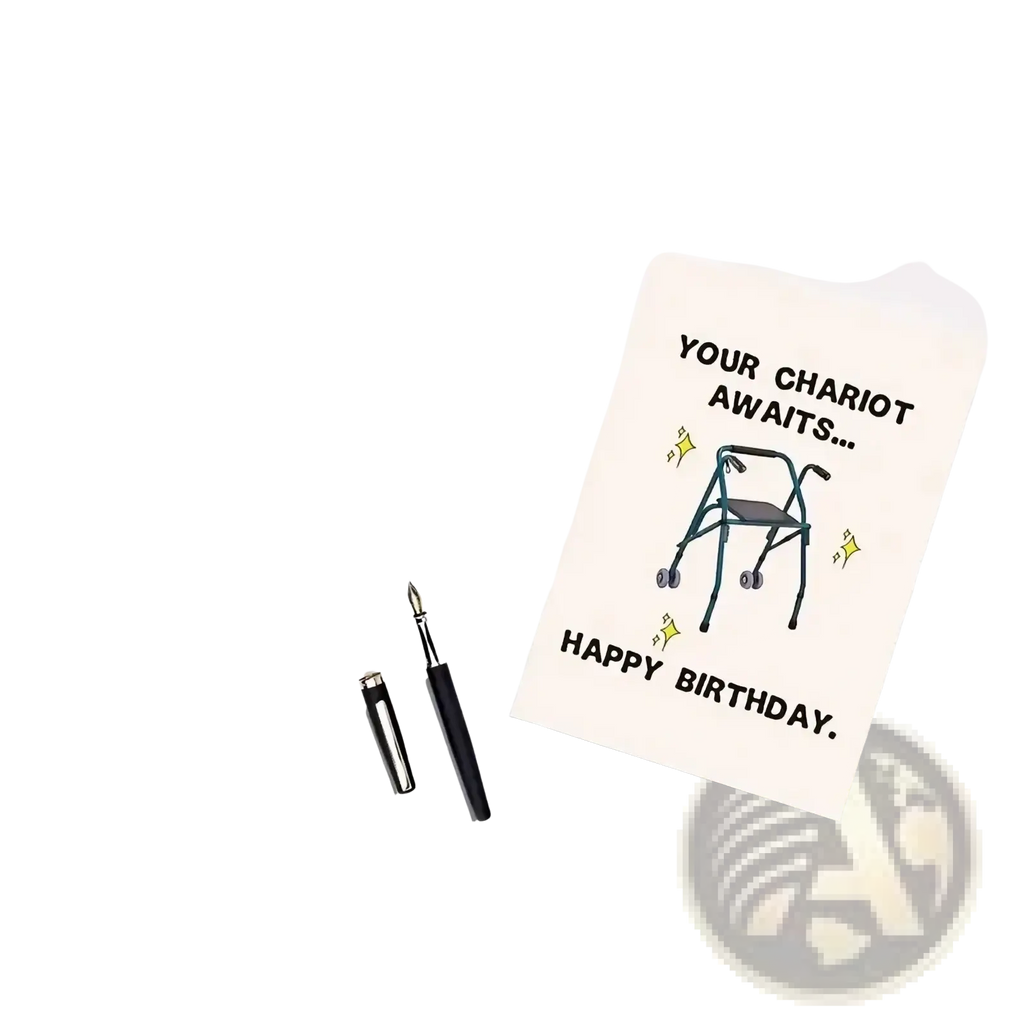 Cream-colored funny walker birthday card for grandparents featuring a cartoon walker and text your chariot awaits