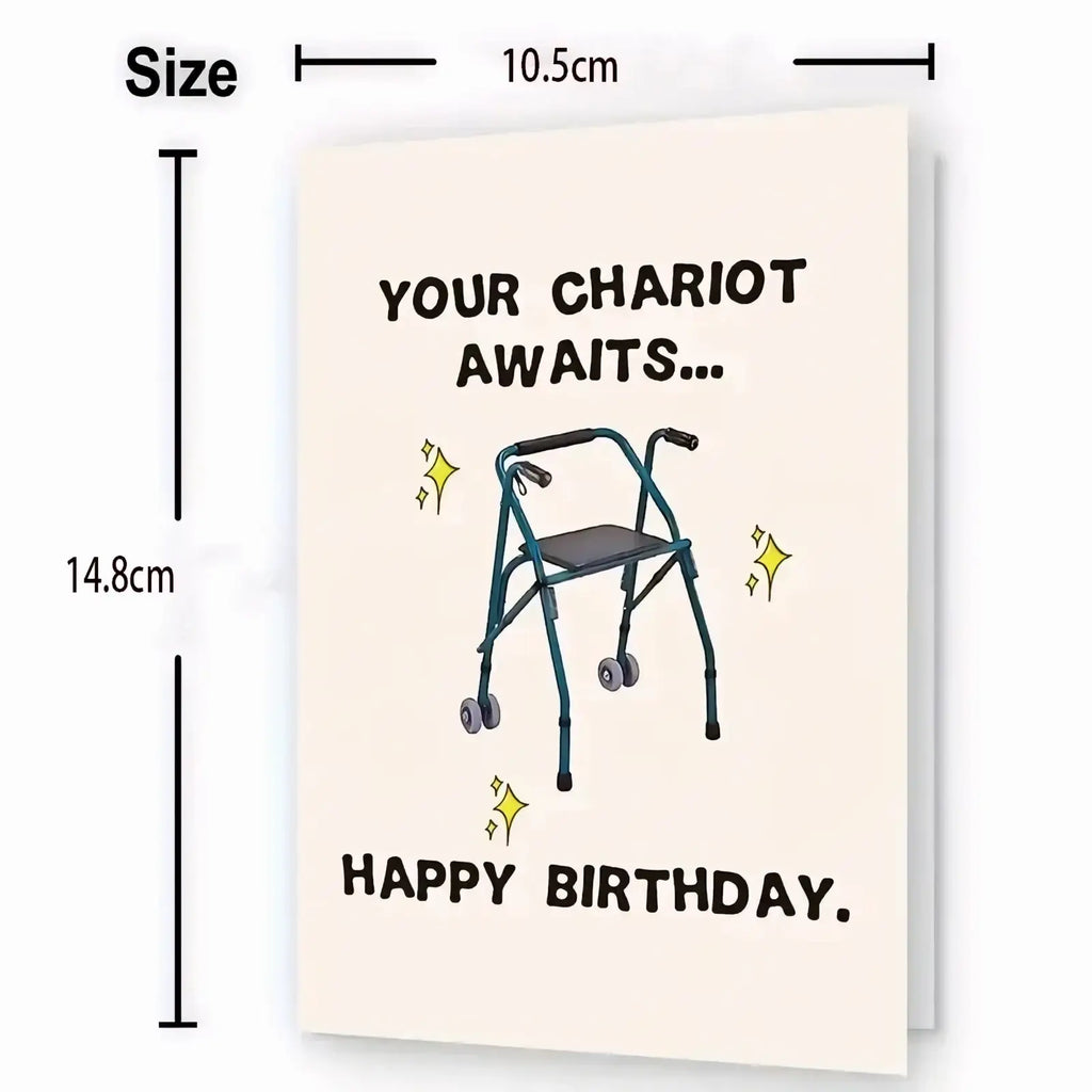Cream-colored funny walker birthday card for grandparents featuring a cartoon teal walker with black handles and wheels