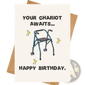 A funny walker birthday card for grandparents featuring a teal walker with a black seat and gray wheels on off-white