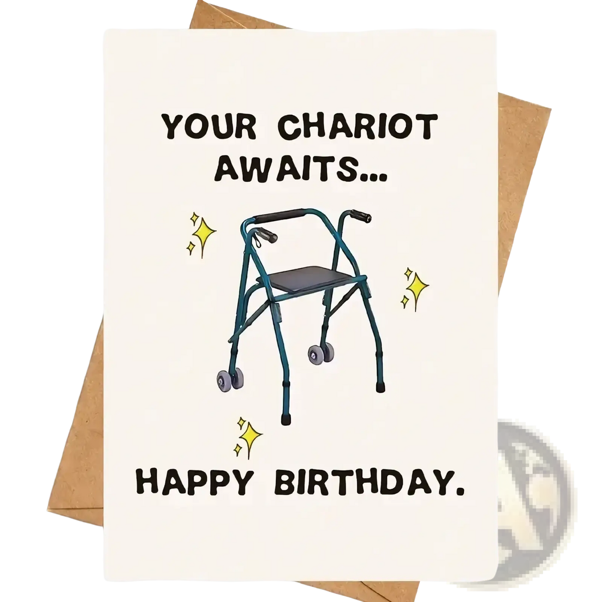 A funny walker birthday card for grandparents featuring a teal walker with a black seat and gray wheels on off-white