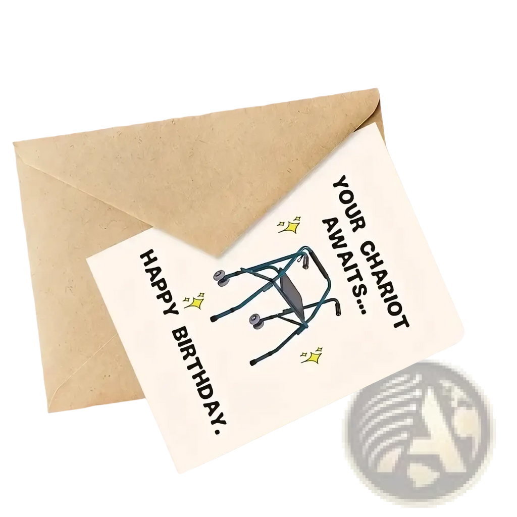 White funny walker birthday card for grandparents with black line art and yellow stars and bold happy birthday text