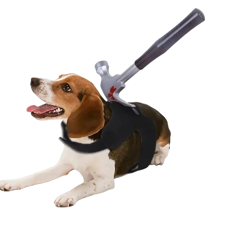 Black hammer-shaped dog costume with silver head and dark handle strapped across back with 3-10cm adjustment