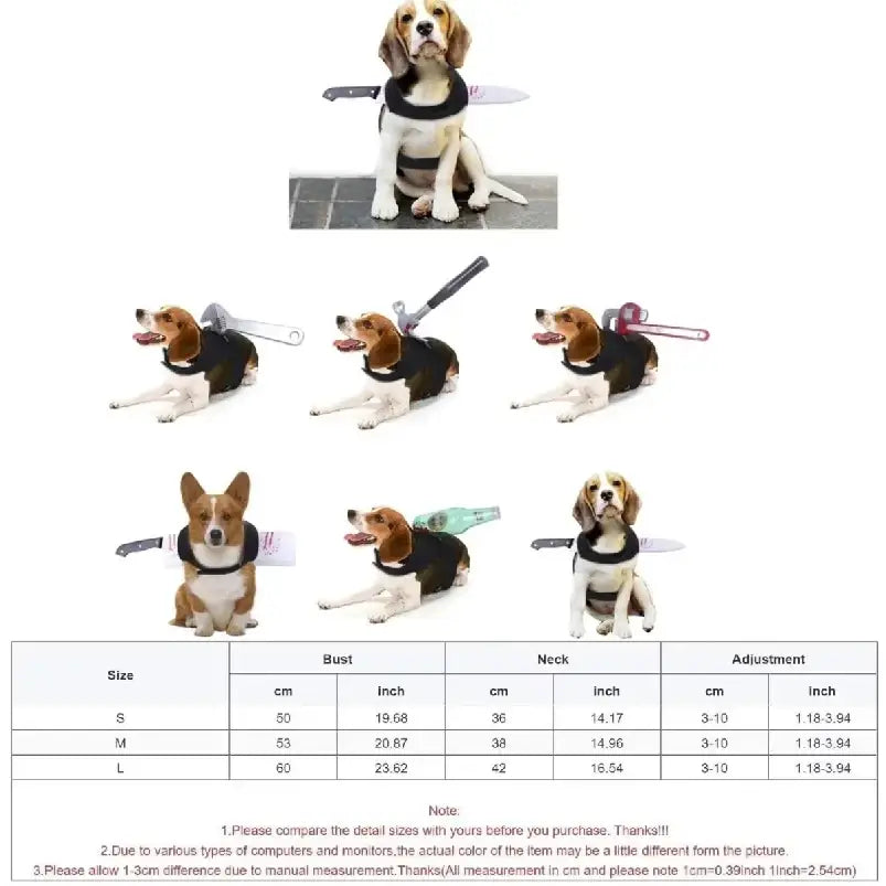 Black and white beagle wearing funny weapon dog halloween costume with 3-10cm adjustment harness on back side