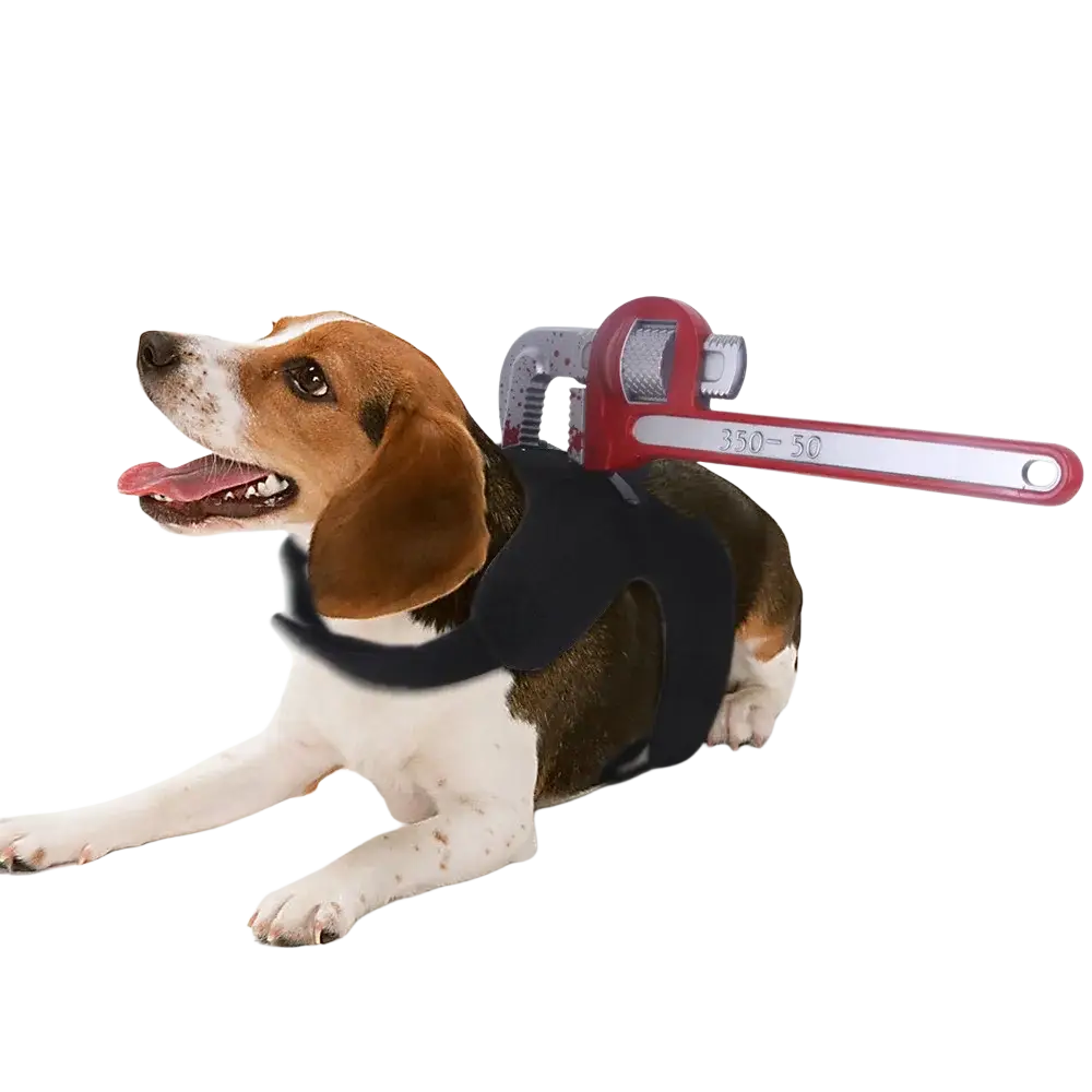 Red and silver adjustable pipe wrench with black harness strap for funny weapon dog halloween costume with 3-10cm adjustment