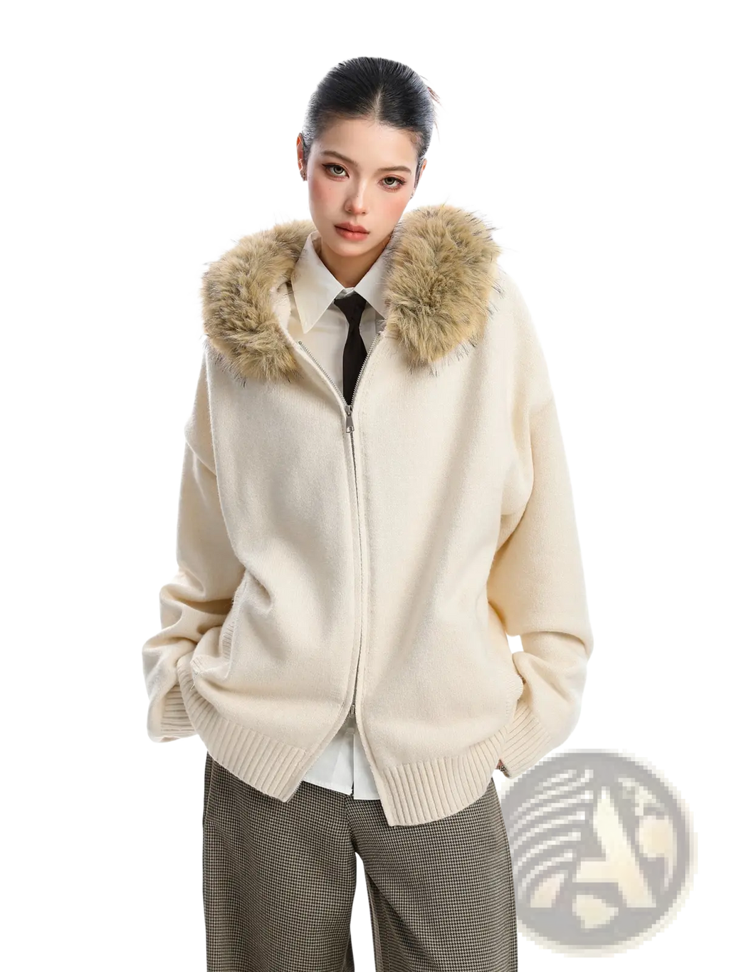 Cream-colored fur collar hooded knit coat with plush light brown fur-lined zip-up hood for cozy wear