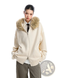 Cream-colored fur collar hooded knit coat with plush light brown fur-lined zip-up hood for cozy wear