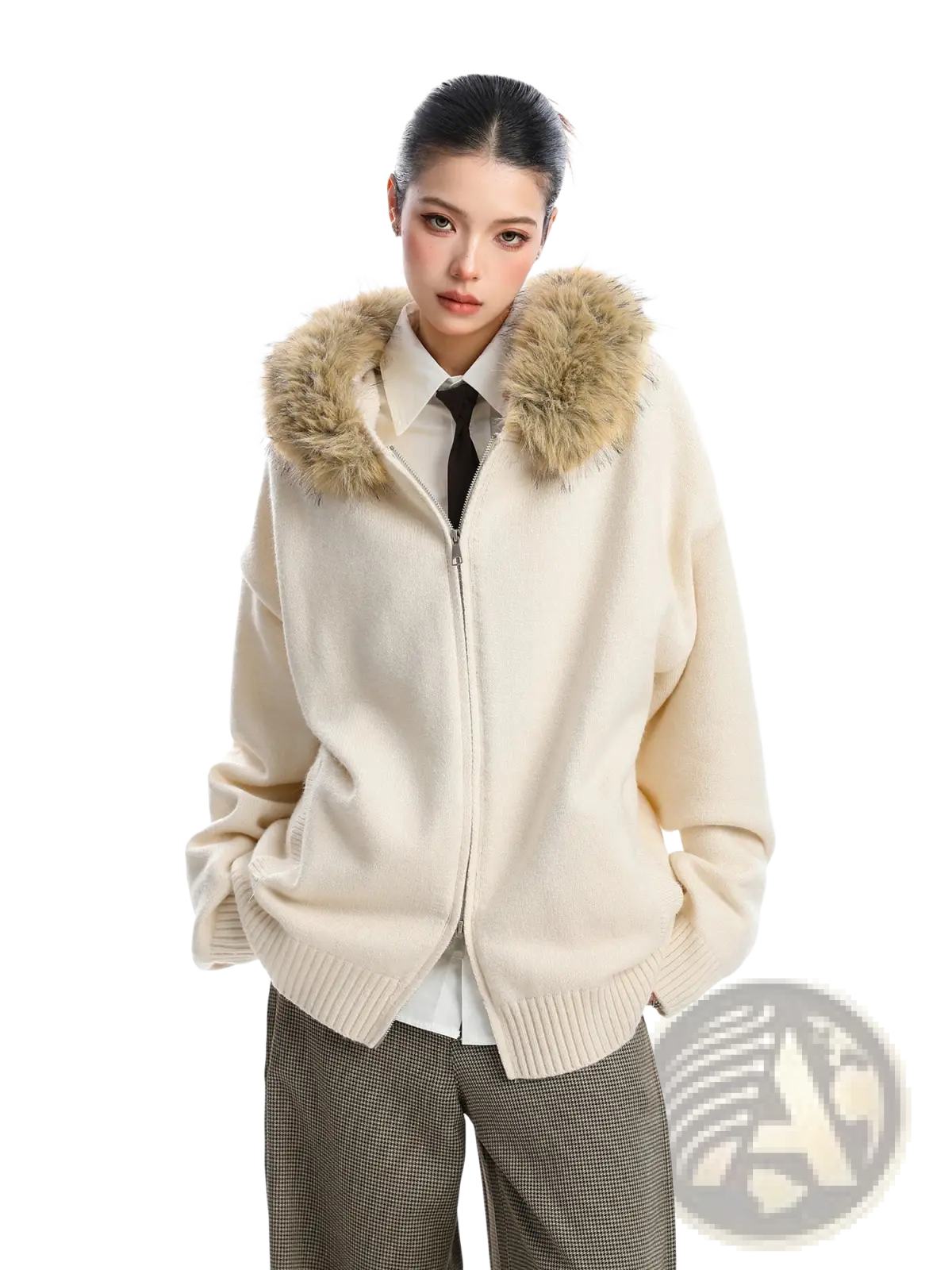 Cream-colored fur collar hooded knit coat with plush light brown fur-lined zip-up hood for cozy wear