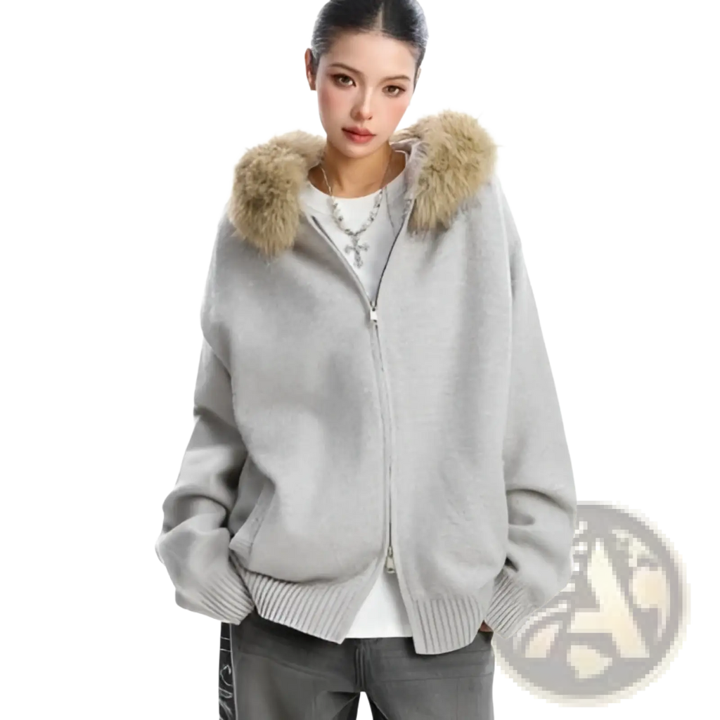 Gray fur collar hooded knit coat with fluffy tan fur-lined hood and ribbed cuffs in zip-up hoodie style