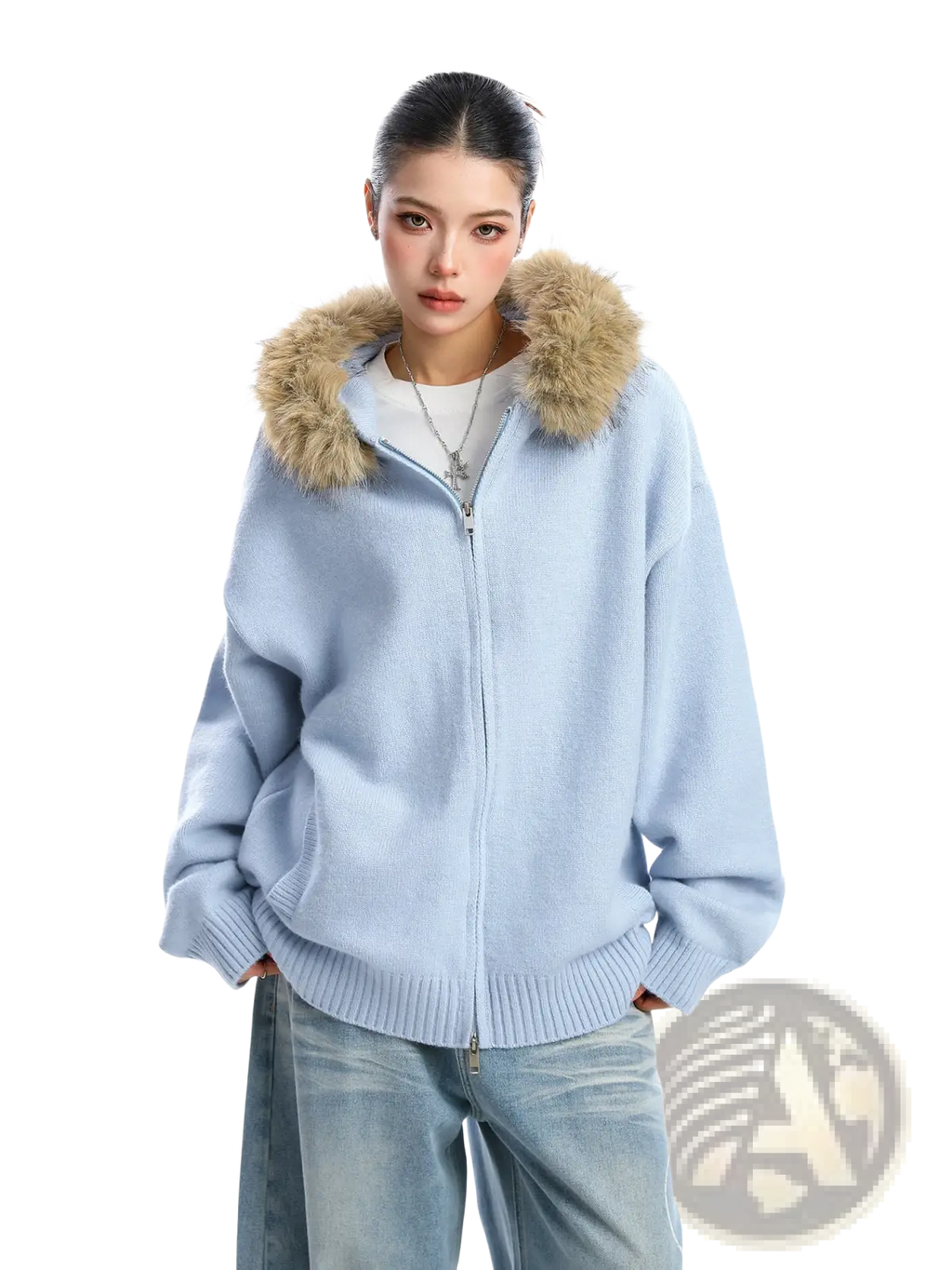 Light blue knit zip-up hoodie with fluffy tan fur-lined hood fur collar hooded knit coat front view