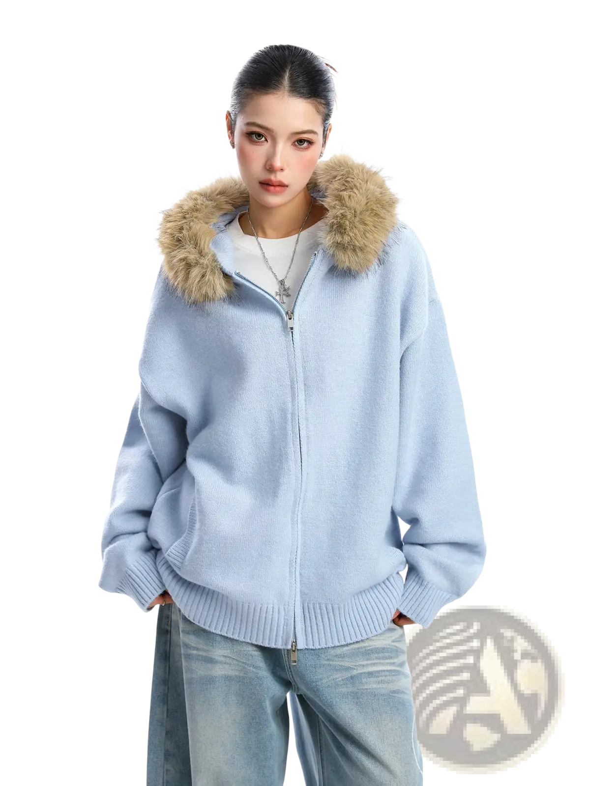 Light blue knit zip-up hoodie with fluffy tan fur-lined hood fur collar hooded knit coat front view