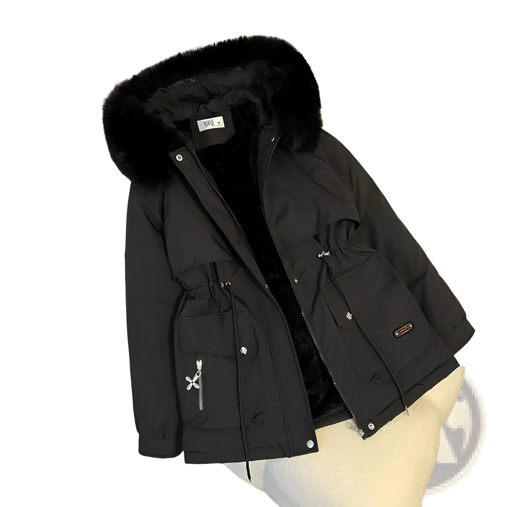 Black fur collar hooded puffer parka with plush fur-lined hood and front pockets featuring silver zipper pulls