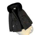 Black fur collar hooded puffer parka with plush fur-lined hood and front pockets featuring silver zipper pulls
