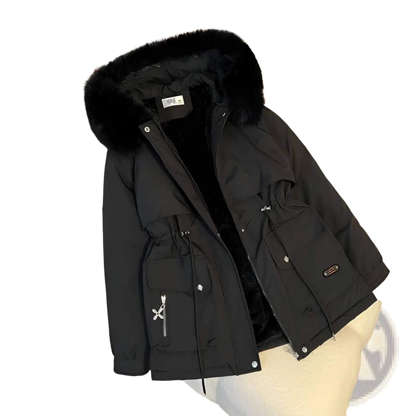 Black fur collar hooded puffer parka with plush fur-lined hood and front pockets featuring silver zipper pulls