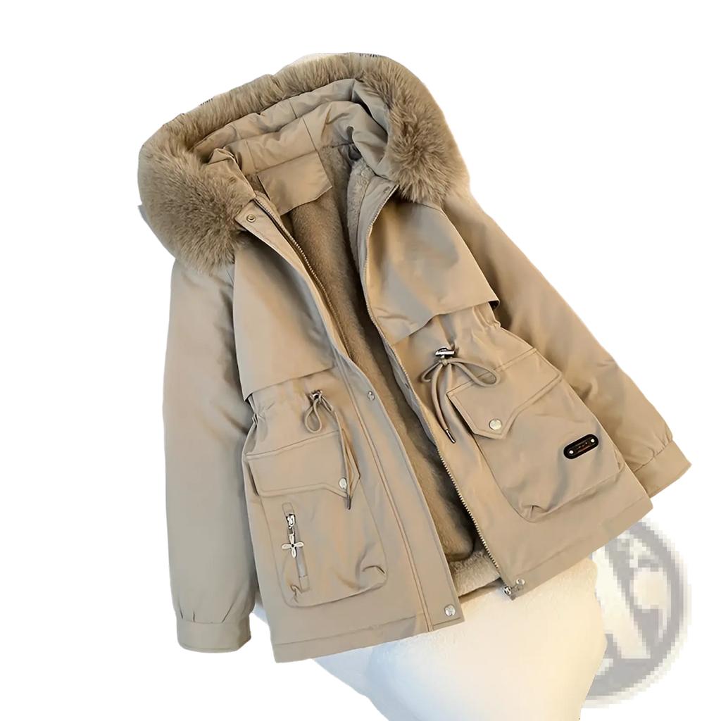 Beige fur collar hooded puffer parka with plush fur-lined hood and multiple utility pockets for winter wear