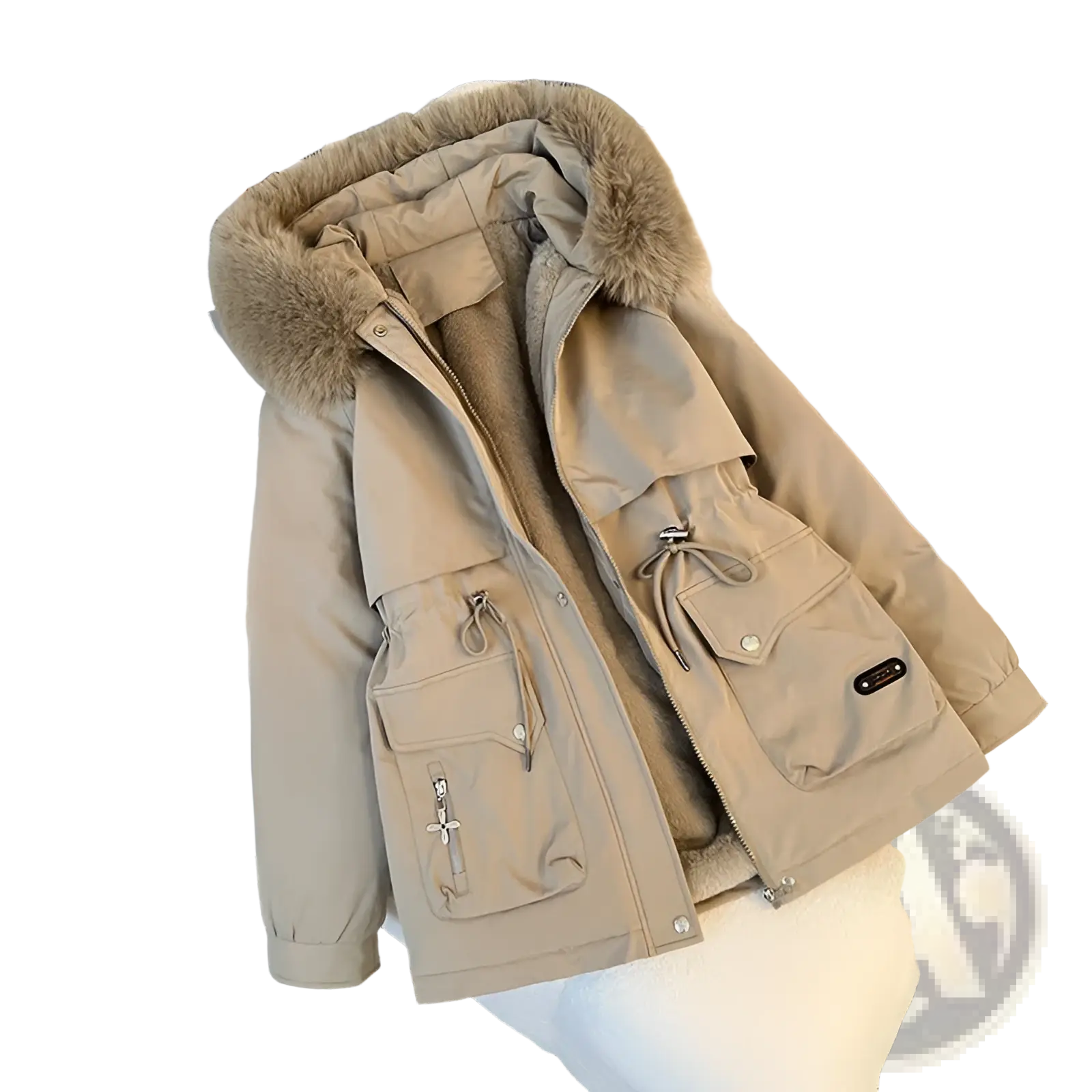 Beige fur collar hooded puffer parka with plush fur-lined hood and multiple utility pockets for winter wear