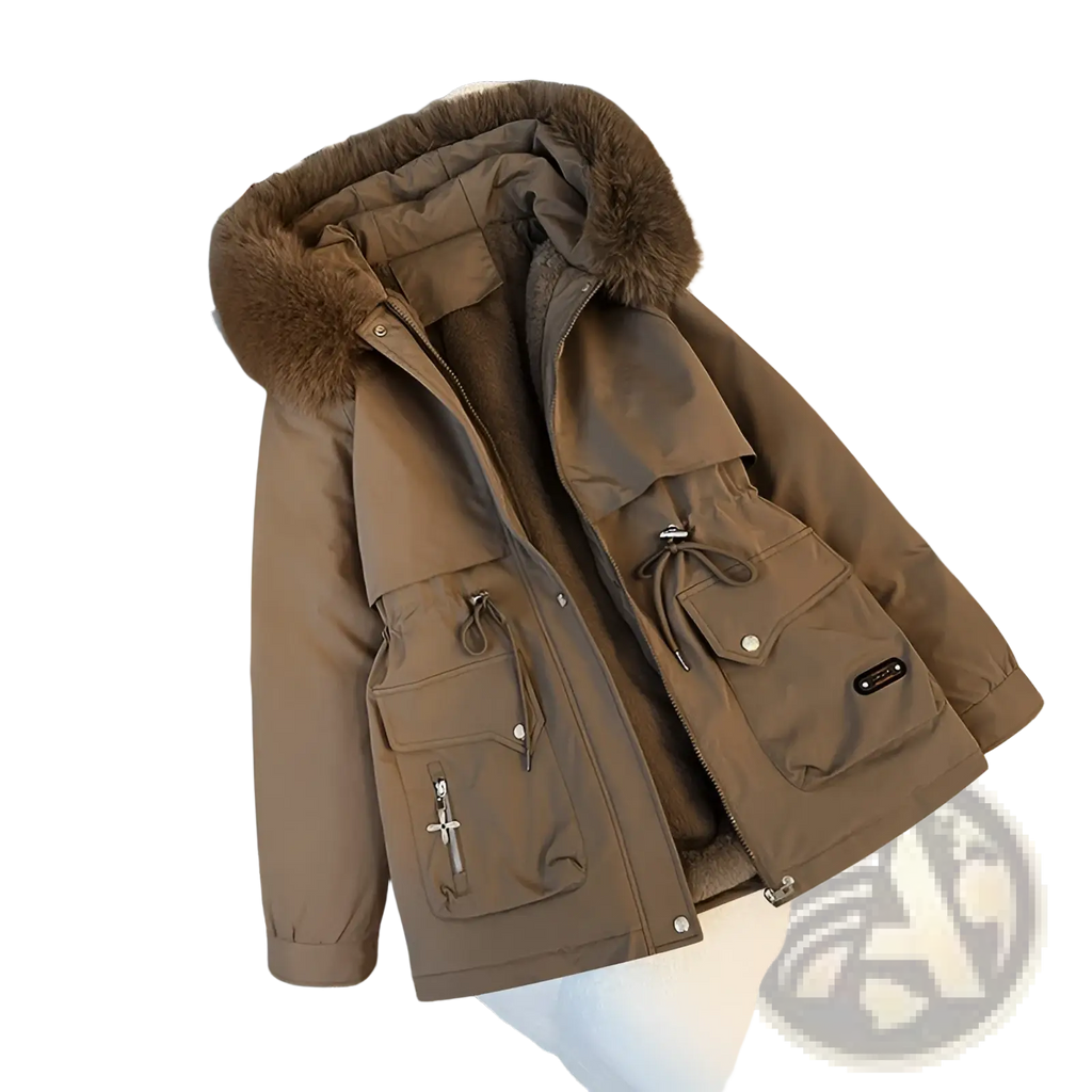 Brown fur collar hooded puffer parka with plush fur-lined hood multiple front pockets and soft inner lining
