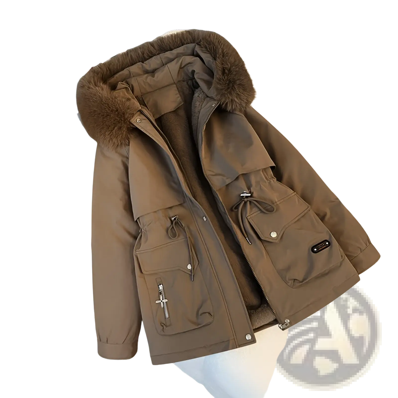 Brown fur collar hooded puffer parka with plush fur-lined hood multiple front pockets and soft inner lining
