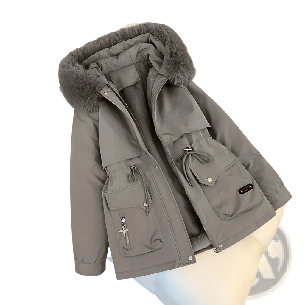 A cozy gray fur collar hooded puffer parka with plush fur-lined hood and multiple front pockets