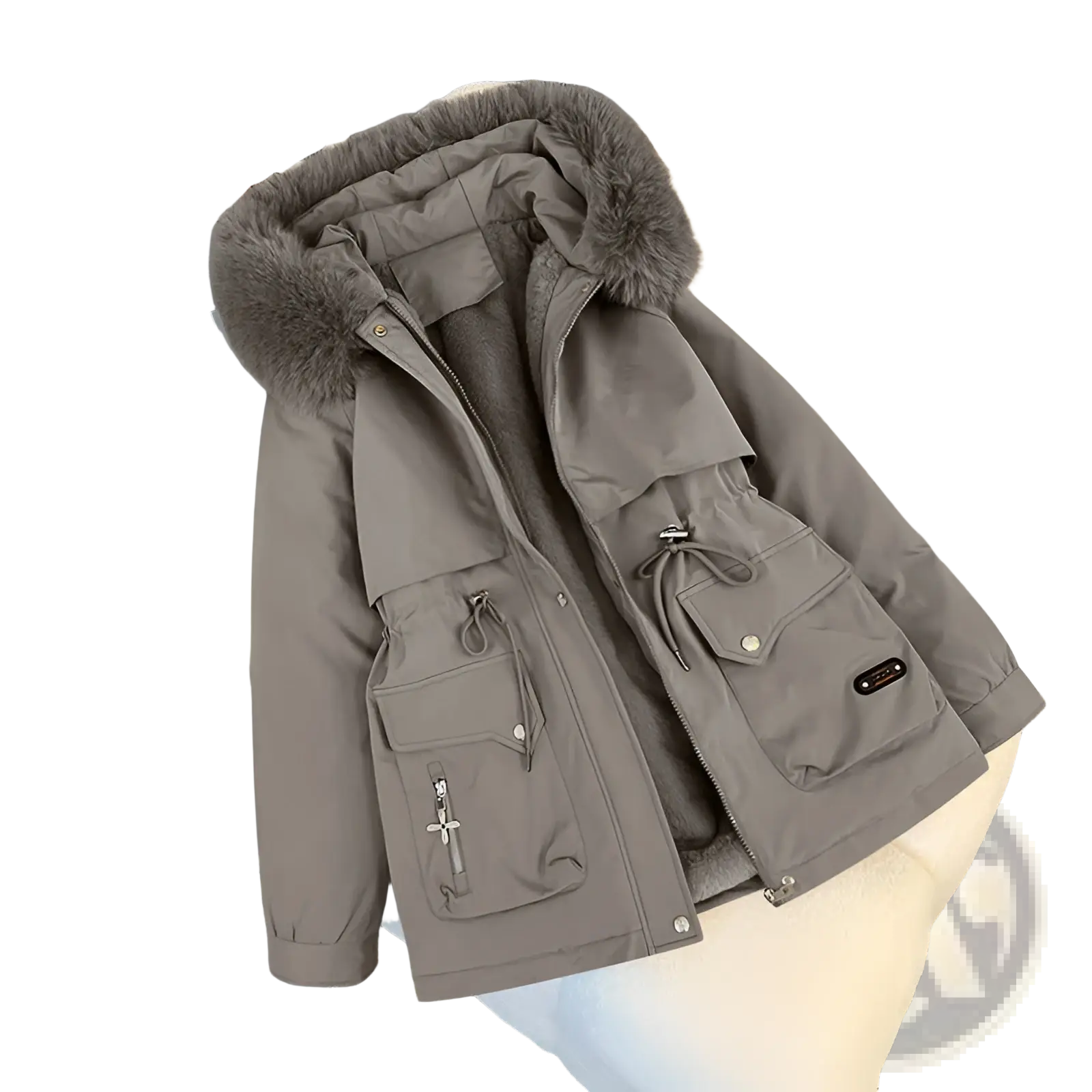 A cozy gray fur collar hooded puffer parka with plush fur-lined hood and multiple front pockets