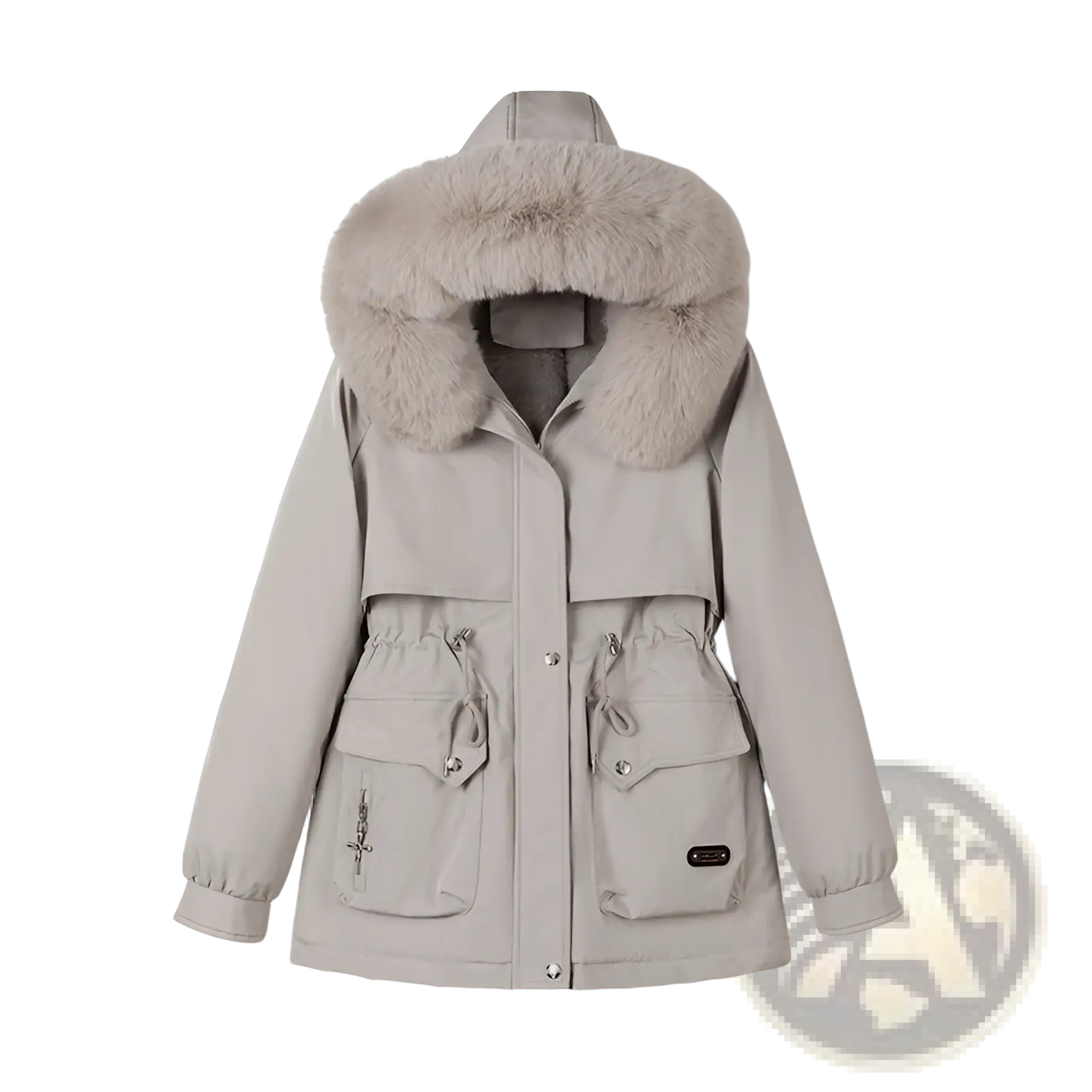 Fur collar hooded puffer parka in light gray with plush fur-lined hood and front pockets with drawstring closures