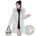 Cream-colored quilted cotton winter coat with fur collar, plush hood, and drawstring waist for cold weather