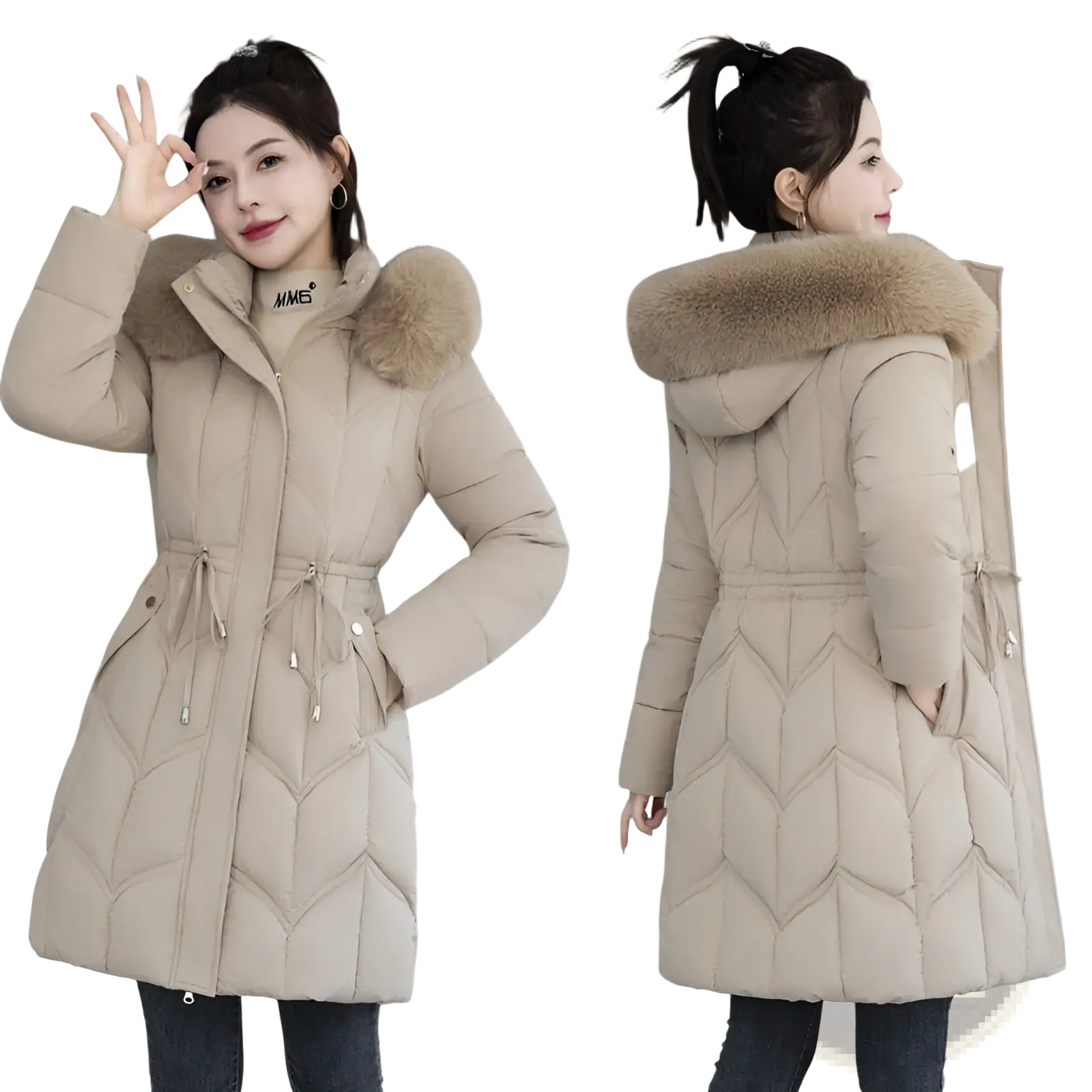 Beige quilted cotton winter coat with fur collar hood and drawstring waist designed for cold weather warmth