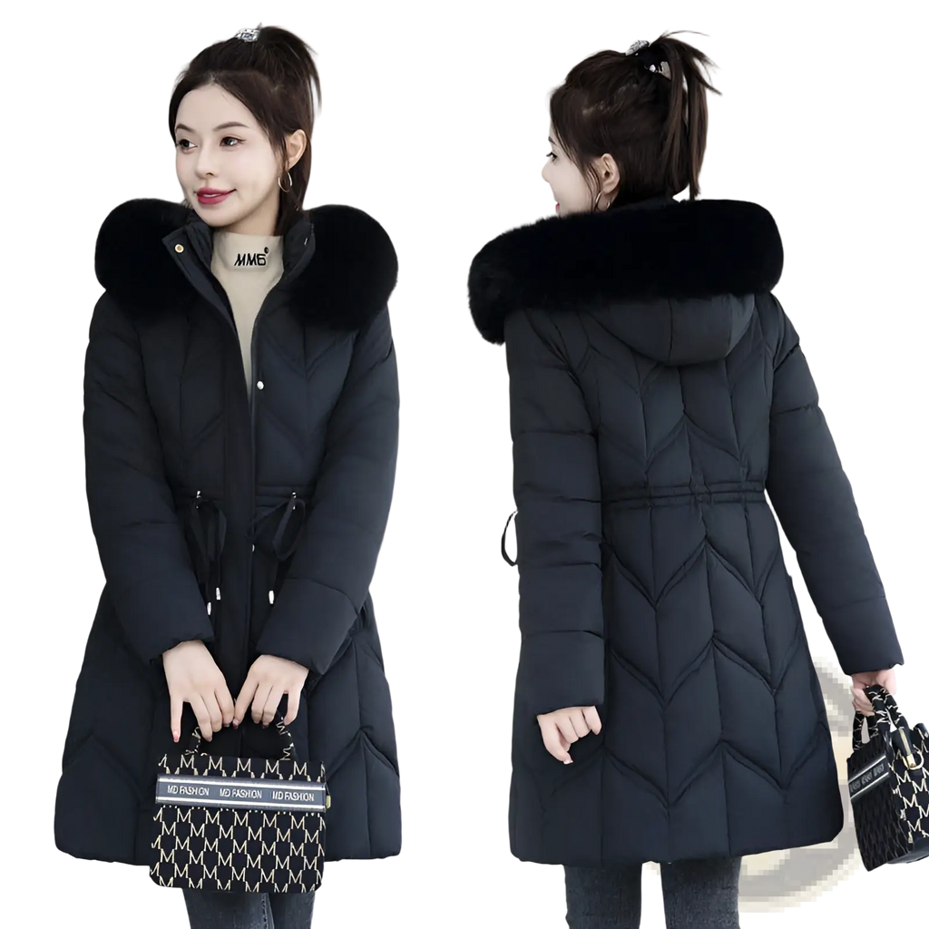 Black fur collar quilted cotton winter coat with plush fur-lined hood and diamond pattern for cold weather wear